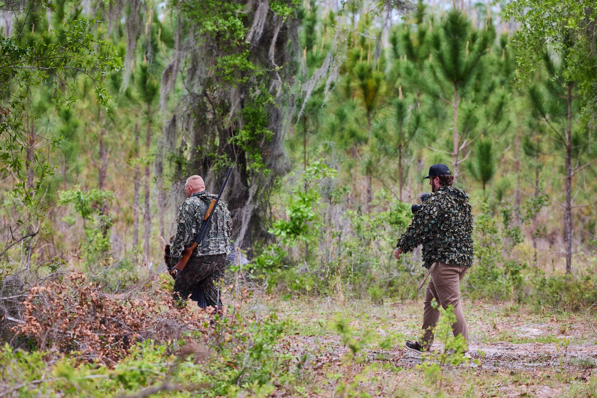 Two hunters in the woods, hunting turkeys concept. 