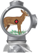 Illustration of a rifle scope and dot reticle placed on a deer, precision vs accuracy concept.