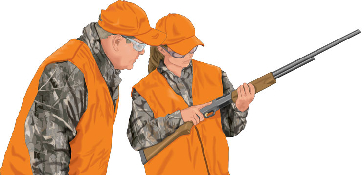 An illustration of a hunter helping another hunter with firearm safety.
