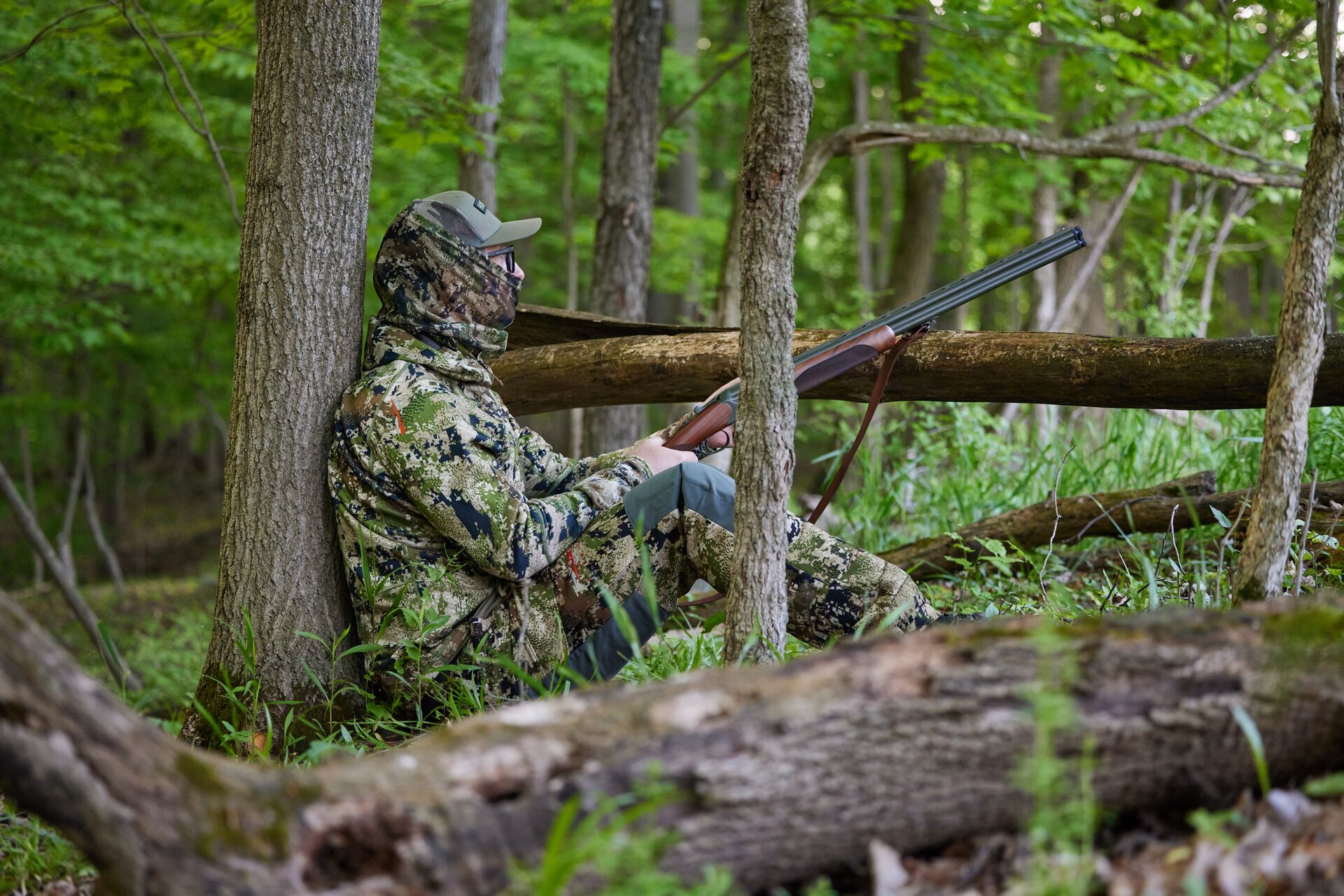 Hunter in camo with shotgun waits in the woods, how to turkey hunt for beginners concept.