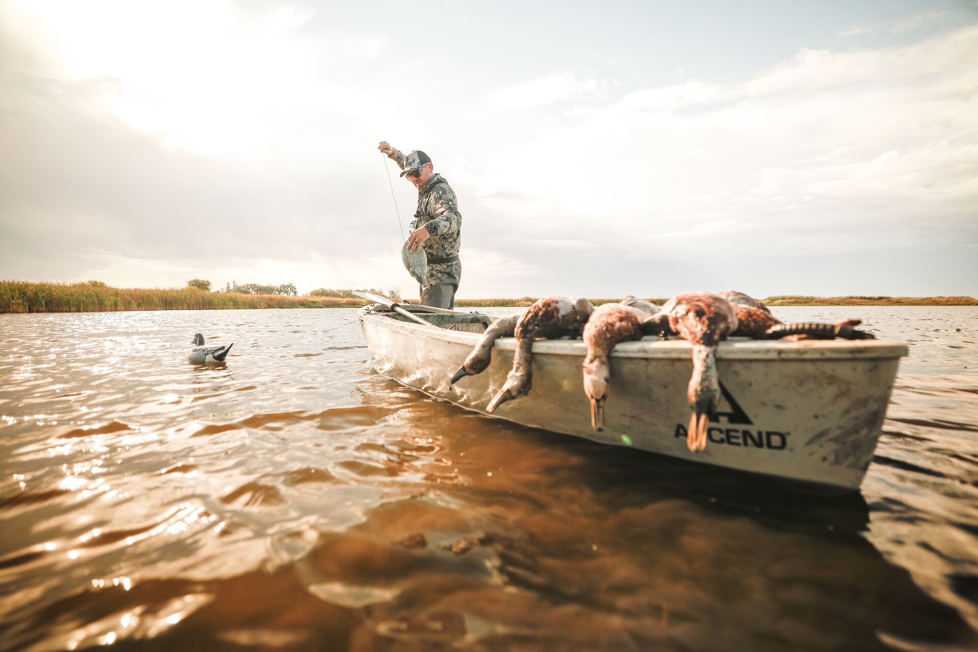 Canoe with harvested waterfowl, hunter in the background, bag limits concept.