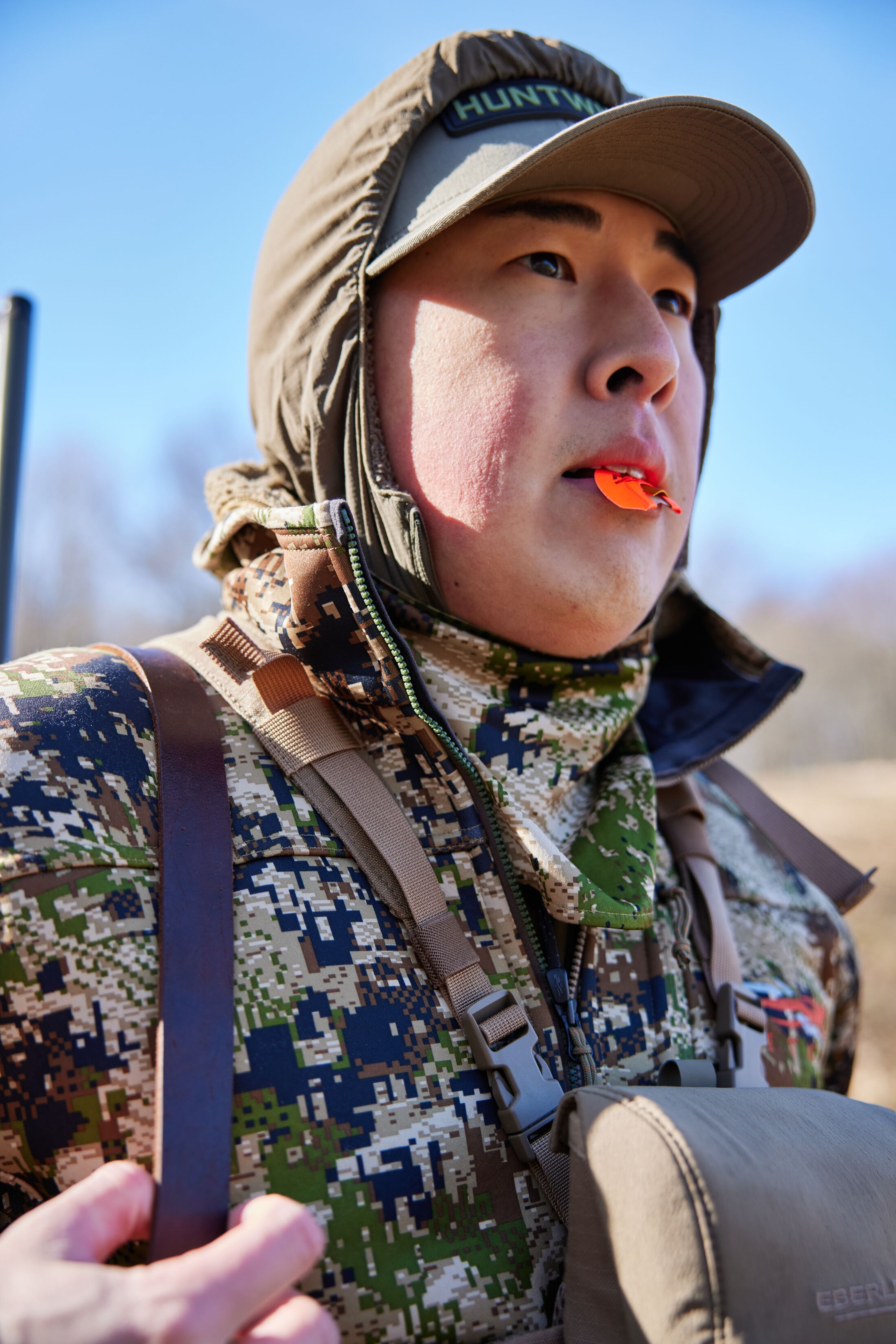 Hunter in camo using a turkey mouth call. 