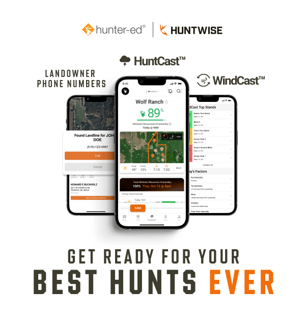Graphic showing the HuntWise hunting app for Hunter-Ed students.