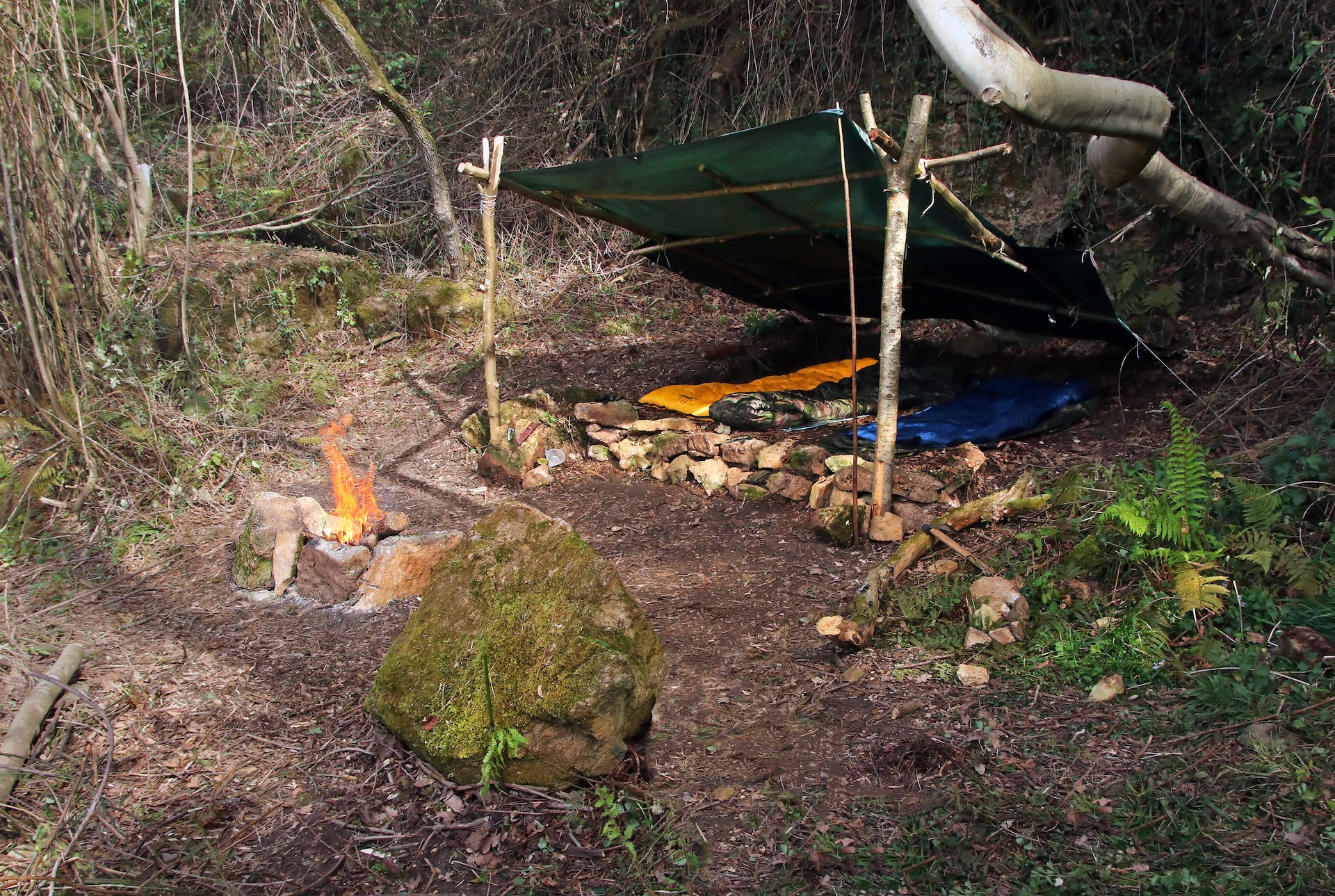 A shelter and campfire in the woods, hunting and camping concept.