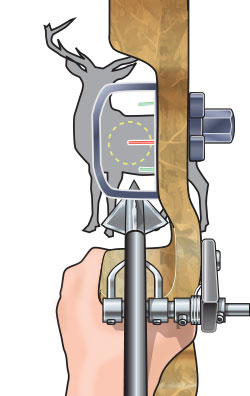Illustration of a aiming a bowsight, bowhunter safety course concept. 