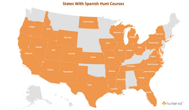 Map showing the states offering Hunter-Ed hunter education course in Spanish. 