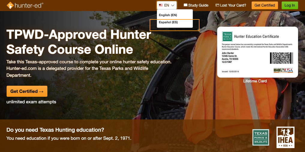 Screenshot of the Hunter-Ed homepage language toggle.