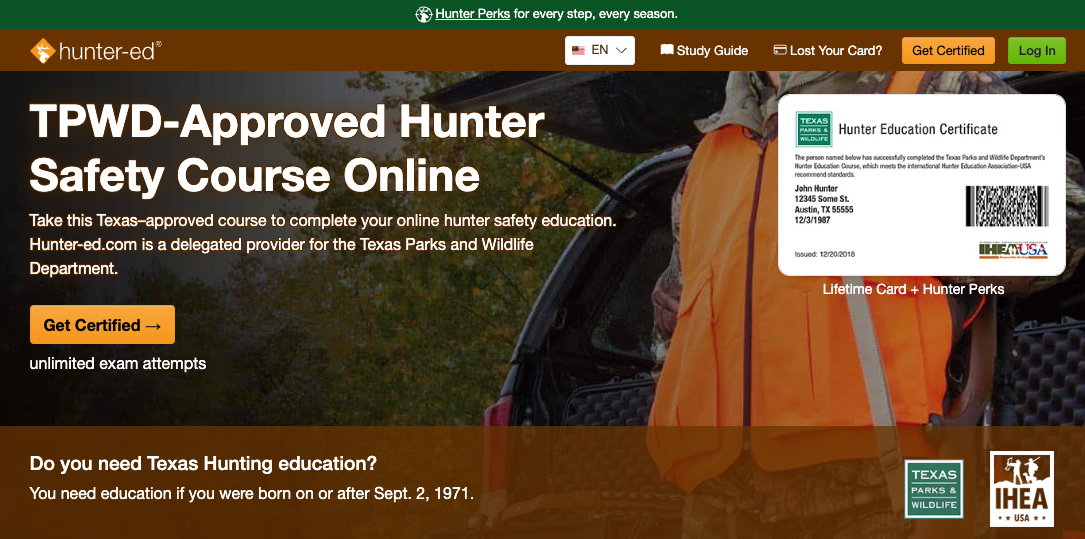 Screen image of the Hunter-Ed Texas Hunter Education Course. 
