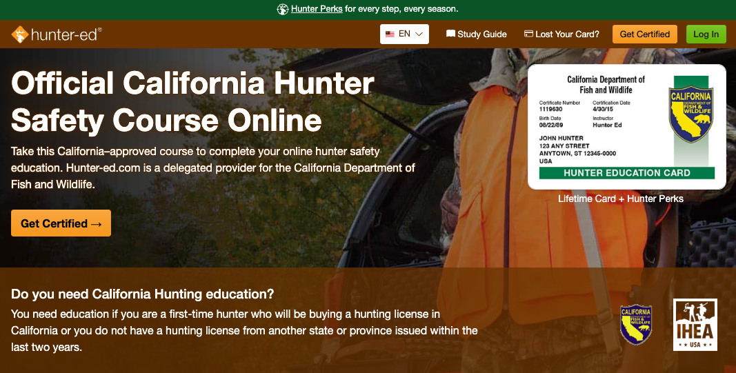 View of the webpage for Hunter Education Course California from Hunter-Ed. 