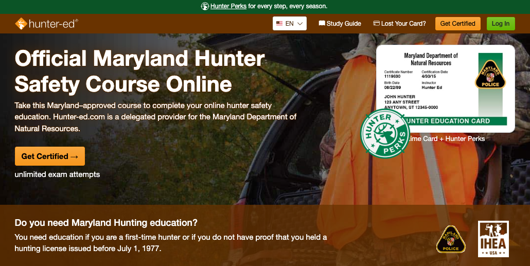 Screen on the Hunter-Ed Maryland hunter education course page. 
