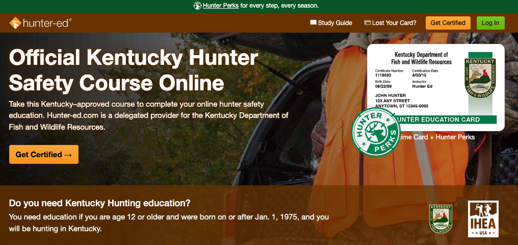 Hunter-Ed course page for Kentucky hunter safety course.