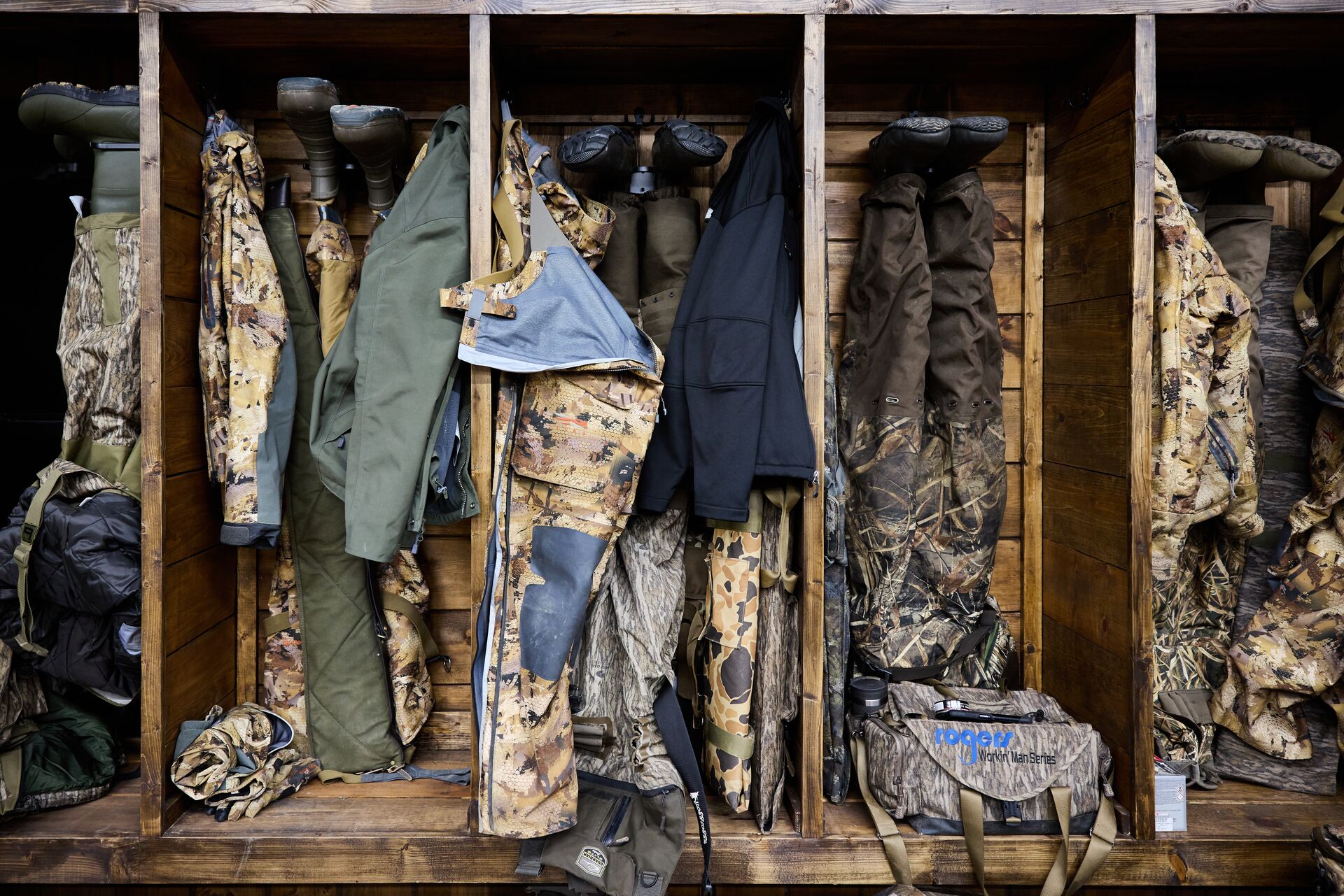 Waterfowl hunting gear in the hunting blind, what do you need for hunting concept.