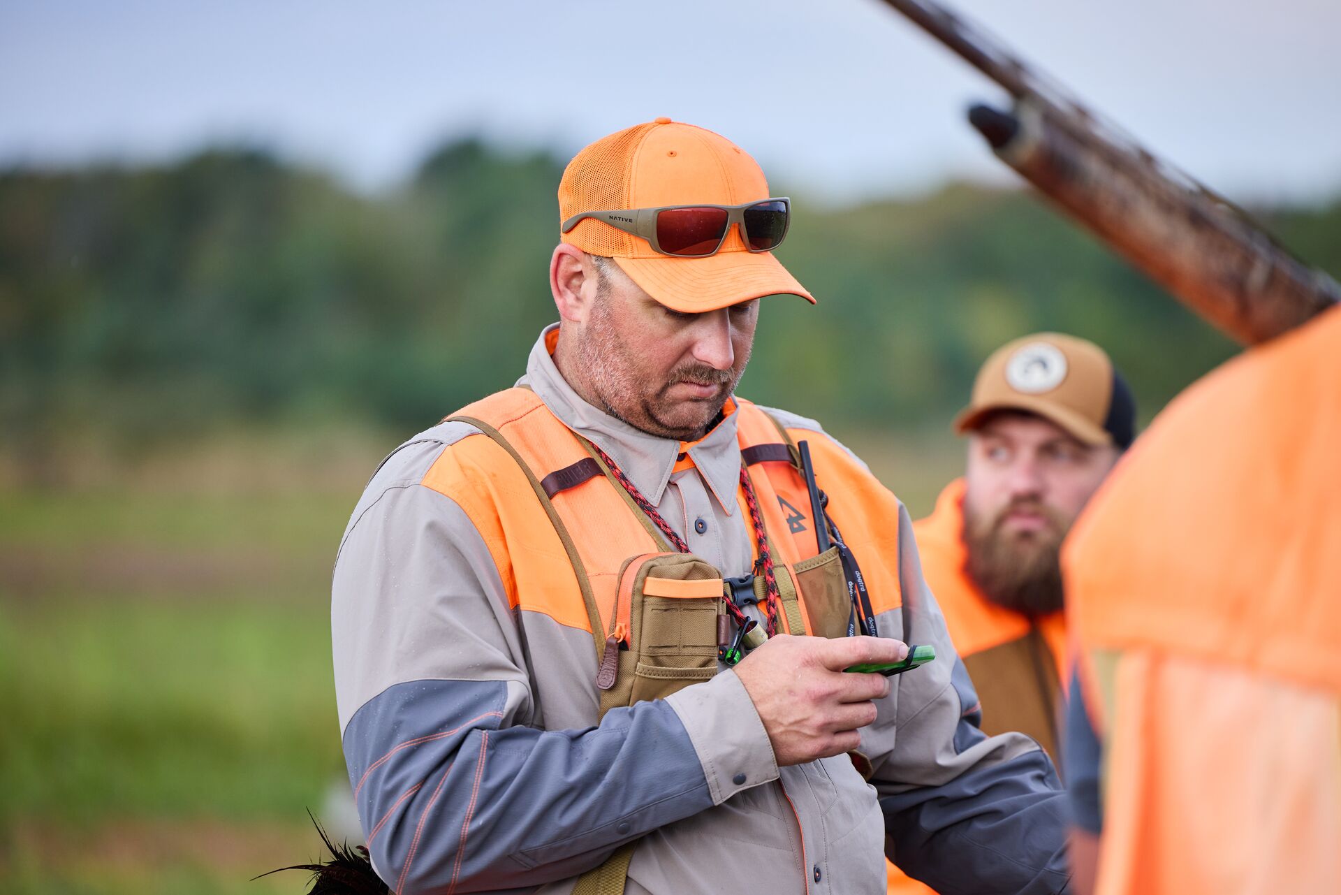 Hunter in blaze orange checks phone, know the hunting rules concept. 