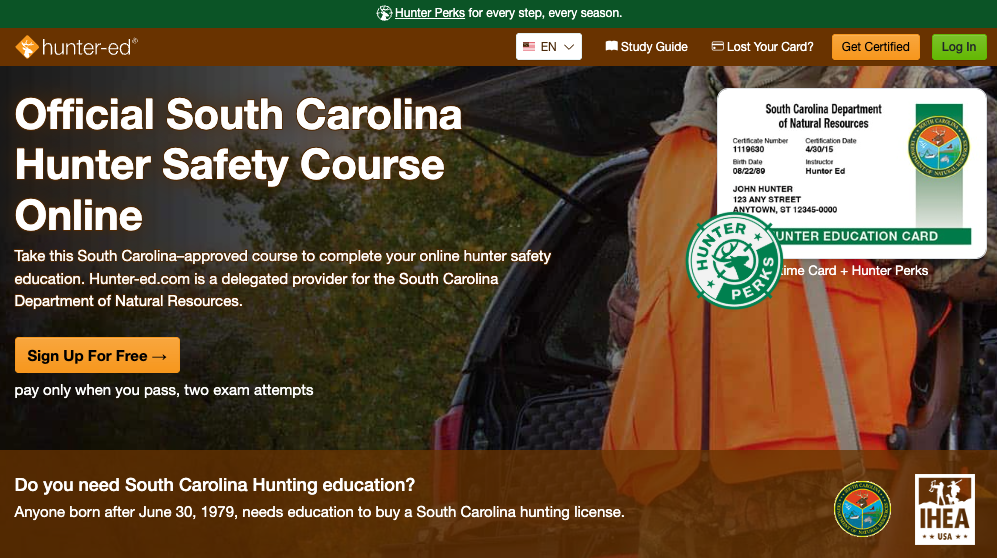 Hunter-Ed South Carolina hunter safety course page.