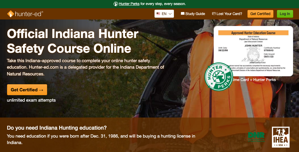 Course page for Hunter-Ed Indiana hunter education course. 