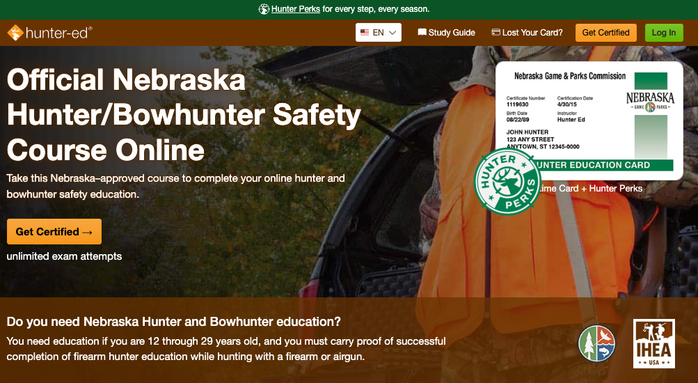 Hunter-Ed hunter education course page for Nebraska. 