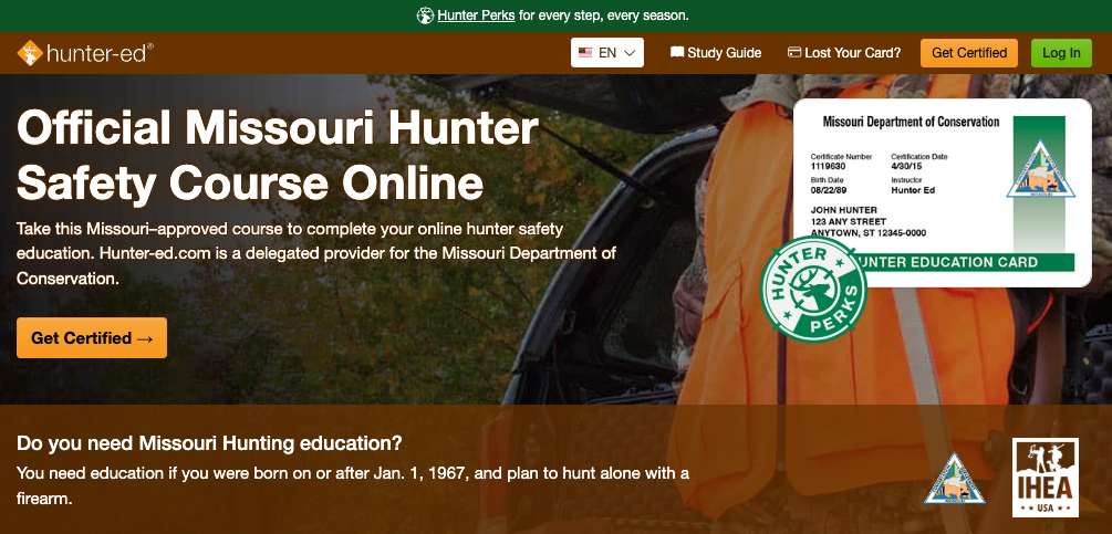 Hunter-Ed course page for the Missouri hunter education online course.