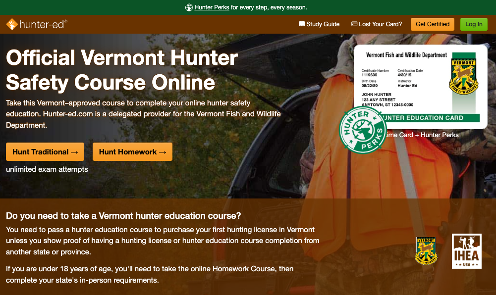 Hunter-Ed course page for the Vermont hunter safety online course.