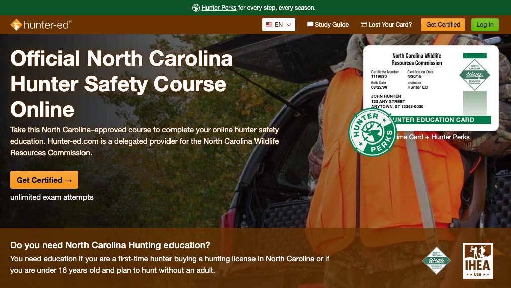 Hunter-Ed course page for the North Carolina hunter safety online course.