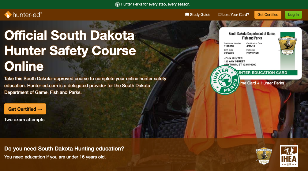 Hunter-Ed course page for the South Dakota hunter safety online course.