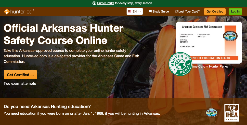 Hunter-Ed course page for the Arkansas hunter safety online course.