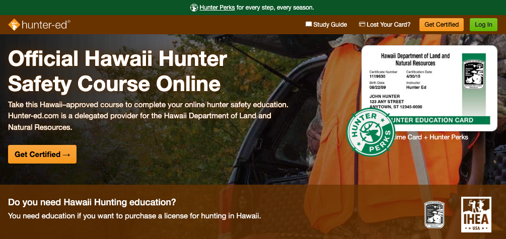Hunter-Ed course page for the Hawaii hunter safety online course.