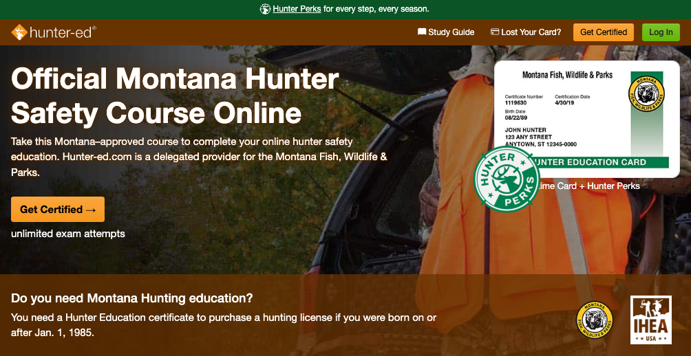 Hunter-Ed course page for the MT hunter safety online course.