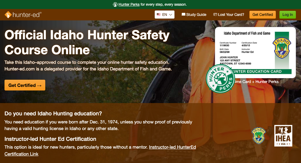 Hunter-Ed course page for the Idaho hunter education online course.
