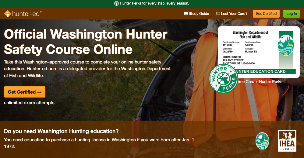 Hunter-Ed course page for the WA State hunter education online course.