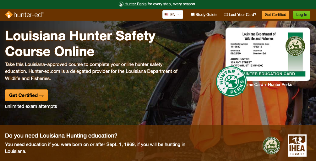 Hunter-Ed course page for the Louisiana hunter education online course.