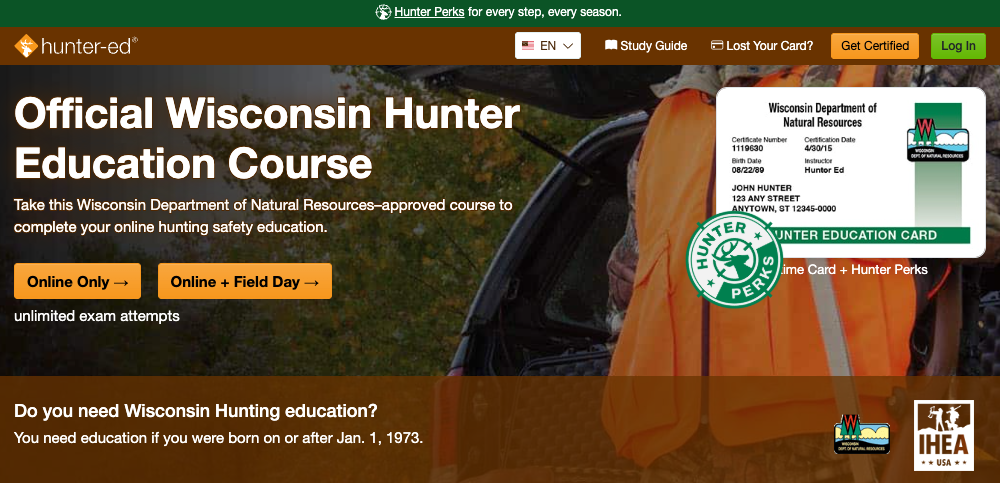 Hunter-Ed course page for the Wisconsin hunter education online course.
