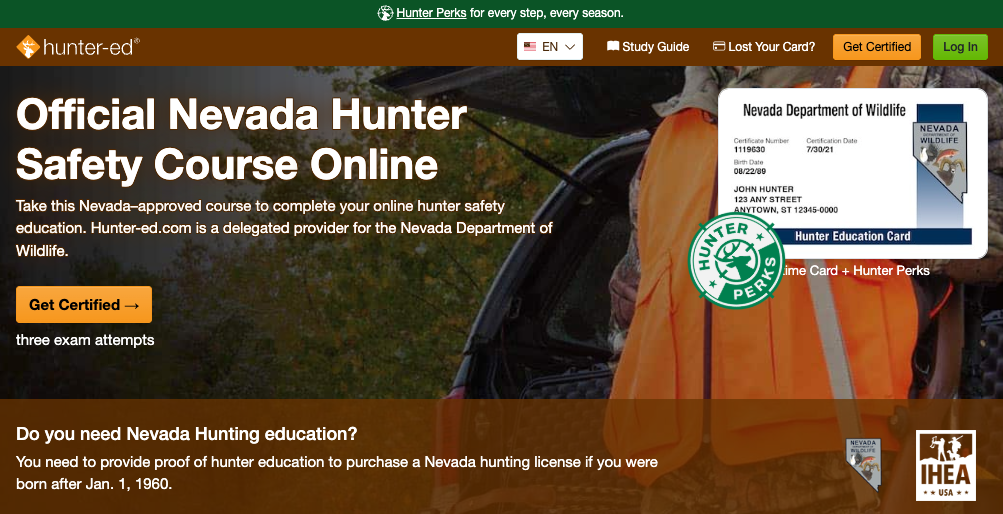 Hunter-Ed course page for the Nevada hunter education online course.