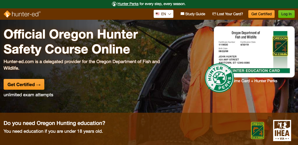 Hunter-Ed course page for the Oregon hunter education online course.