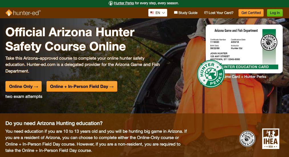 Hunter-Ed course page for the Arizona hunter education online course.