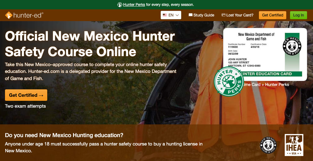 Hunter-Ed course page for the New Mexico hunter education online course.