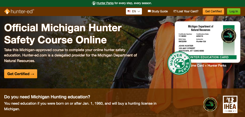 Hunter-Ed course page for the Michigan hunter education online course.