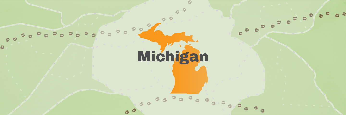 Map showing state of Michigan, find Michigan. hunter education near me concept. 