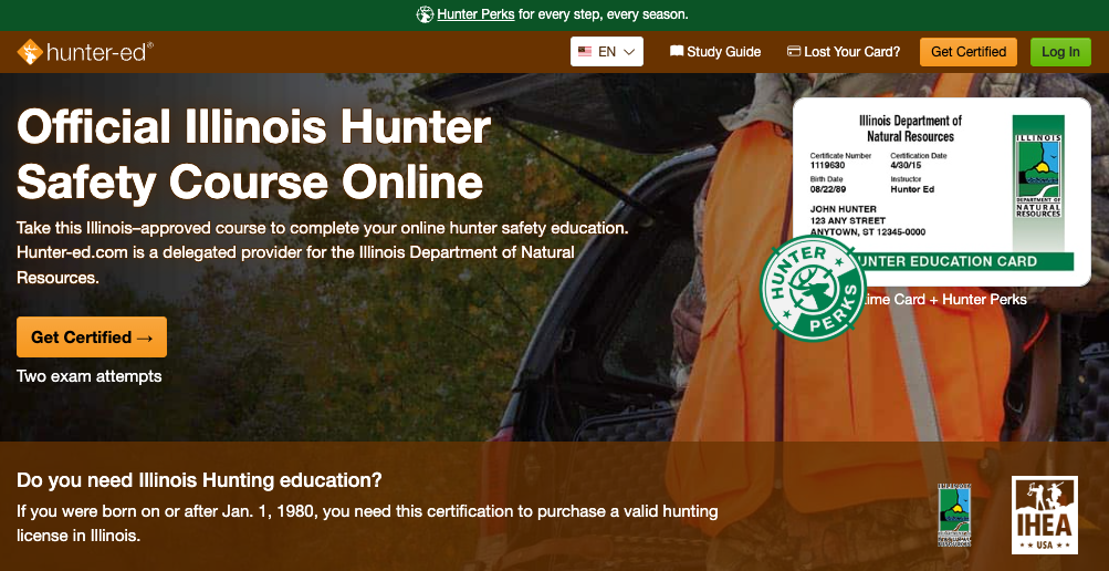 Hunter-Ed course page for the Illinois hunter education online course.