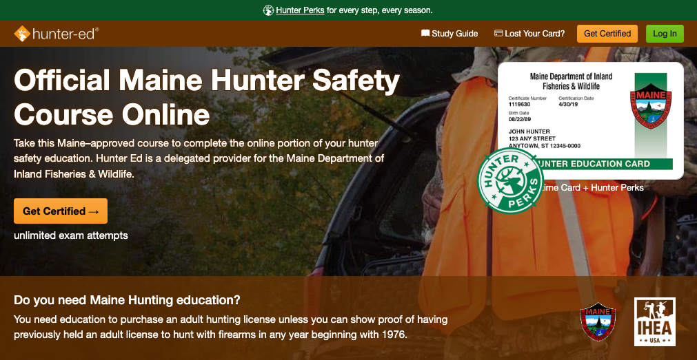 Hunter-Ed course page for the Maine hunter education online course.