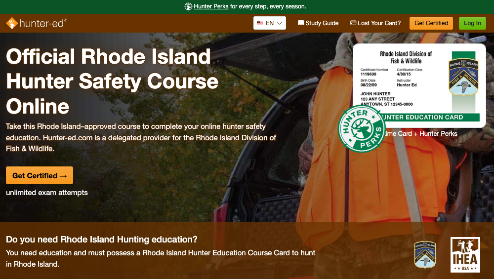 Hunter-Ed course page for the Rhode Island hunter safety online course.