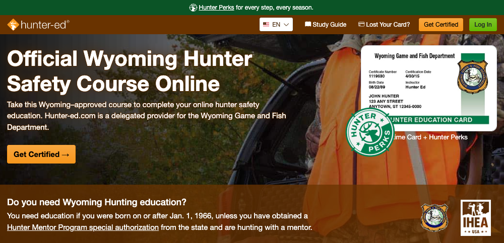 Hunter-Ed course page for the Wyoming hunter education online course.