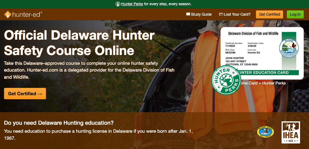 Hunter-Ed course page for the Delaware hunter safety online course.