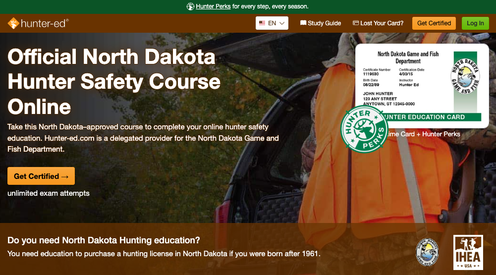 Hunter-Ed course page for the North Dakota hunter education online course.