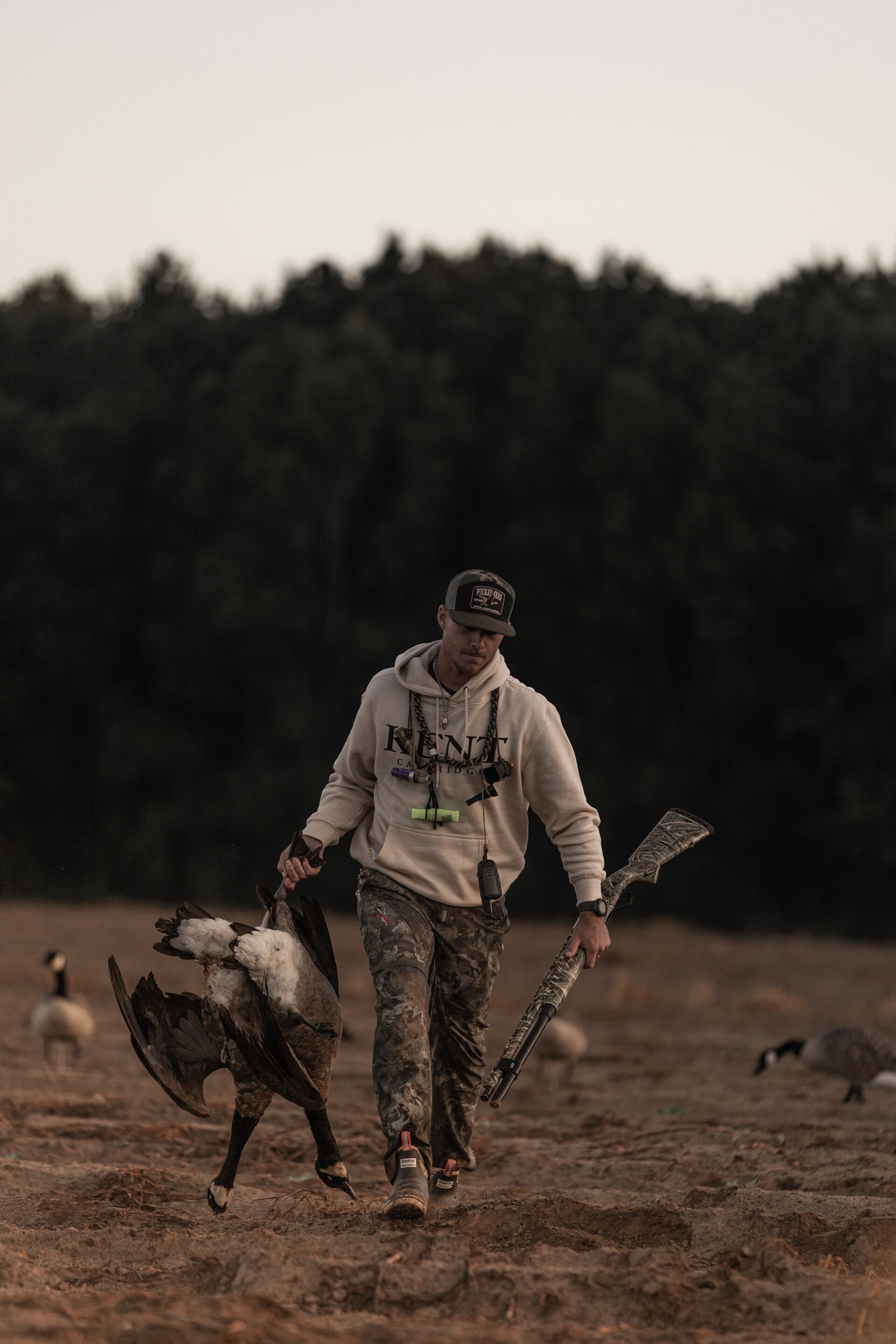 Hunter carries geese and firearm after hunt, Oklahoma hunting license cost concept. 