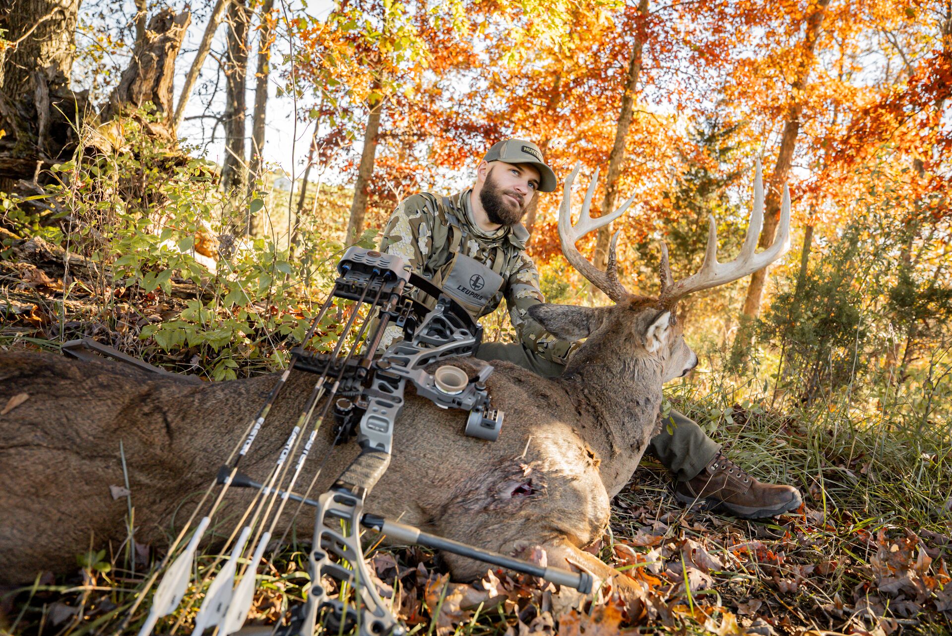 Hunter with bow and buck deer on ground, how much does a Wyoming hunting license cost concept. 