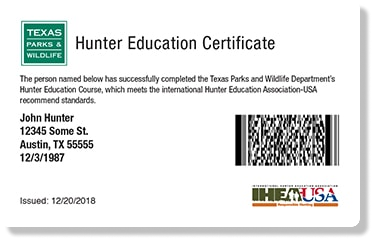Illustrated Texas hunter education card for a Texas hunting license concept.