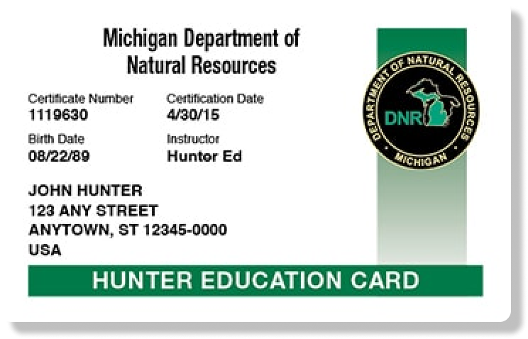 Illustration of the Michigan hunter education card, what you need to get a hunting license concept. 