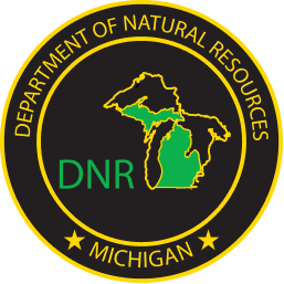 Michigan DNR illustrated logo, get a Michigan hunting license concept. 
