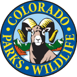 Colorado Parks & Wildlife logo illustrated, get a Colorado hunting license concept. 