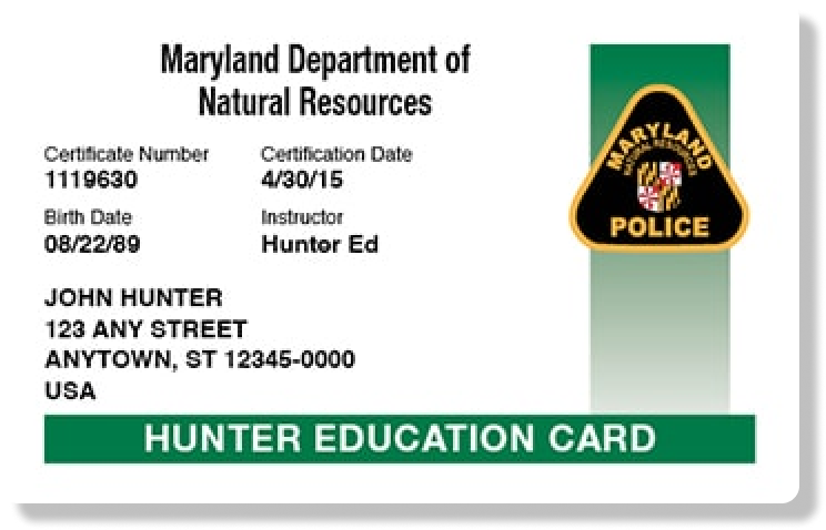 Illustration of the Maryland hunter education card, how to get a Maryland hunting license concept.
